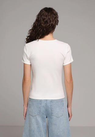 Slim Fit Yuvarlak Yaka Baskılı Kadın Ekru Kısa Kol Tişört