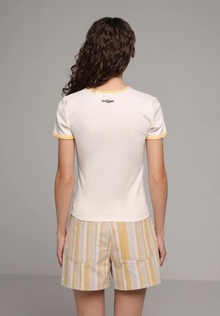 Slim Fit Yuvarlak Yaka Baskılı Kadın Ekru Kısa Kol Tişört