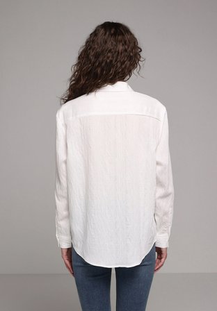 Boyfriend Fit Shirt Neck Jakarlı Kadın Beyaz Uzun Kol Gömlek