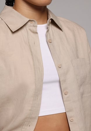 Boyfriend Fit Shirt Neck Düz Kadın Bej Uzun Kol Gömlek