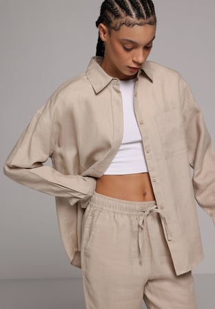 Boyfriend Fit Shirt Neck Düz Kadın Bej Uzun Kol Gömlek