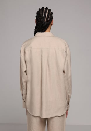 Boyfriend Fit Shirt Neck Düz Kadın Bej Uzun Kol Gömlek