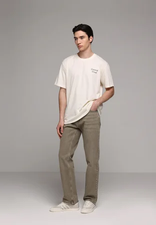 Comfort Fit Yuvarlak Yaka Düz Erkek Ekru Kısa Kol Tişört