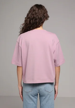 Oversize Fit Yuvarlak Yaka Düz Kadın Mor Kısa Kol Tişört