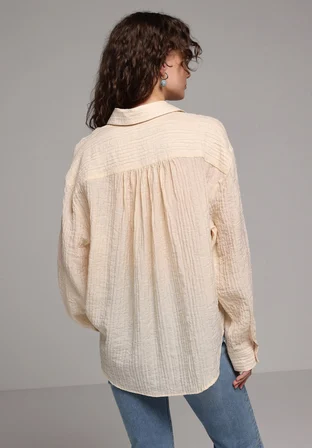 Oversize Fit Shirt Neck Düz Kadın Bej Uzun Kol Gömlek
