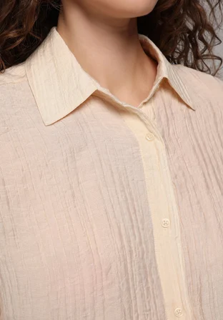 Oversize Fit Shirt Neck Düz Kadın Bej Uzun Kol Gömlek