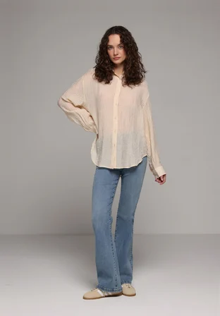 Oversize Fit Shirt Neck Düz Kadın Bej Uzun Kol Gömlek