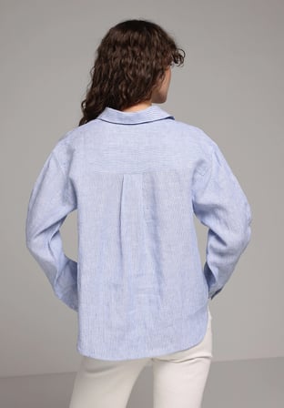 Fashion Fit Shirt Neck Çizgili Kadın Mavi Uzun Kol Gömlek