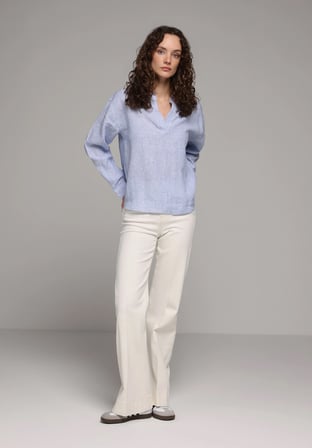 Fashion Fit Shirt Neck Çizgili Kadın Mavi Uzun Kol Gömlek