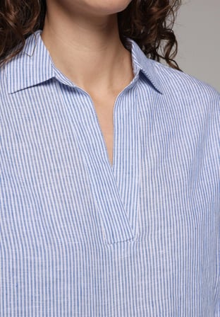 Fashion Fit Shirt Neck Çizgili Kadın Mavi Uzun Kol Gömlek