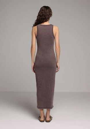 Slim Fit Düz Kadın Kahverengi Kolsuz Elbise