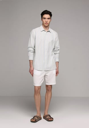 Relaxed Fit Shirt Neck Çizgili Erkek Mavi Uzun Kol Gömlek