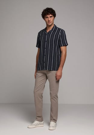 Regular Fit Shirt Neck Çizgili Erkek Lacivert Kısa Kol Gömlek
