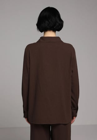 Regular Fit Shirt Neck Düz Kadın Kahverengi Kısa Kol Gömlek