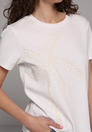 Regular Fit Yuvarlak Yaka Nakışlı Kadın Beyaz Kısa Kol Tişört
