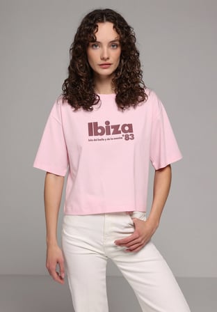 Regular Fit Yuvarlak Yaka Baskılı Kadın Pembe Kısa Kol Tişört