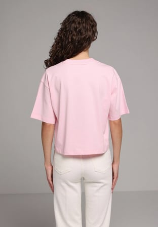 Regular Fit Yuvarlak Yaka Baskılı Kadın Pembe Kısa Kol Tişört