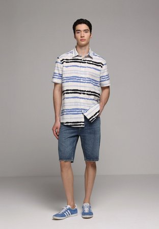 Regular Fit Shirt Neck Çizgili Erkek Mavi Kısa Kol Gömlek