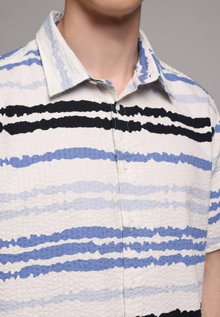 Regular Fit Shirt Neck Çizgili Erkek Mavi Kısa Kol Gömlek