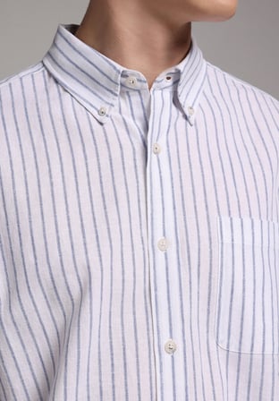 Regular Fit Shirt Neck Çizgili Erkek Lacivert Uzun Kol Gömlek