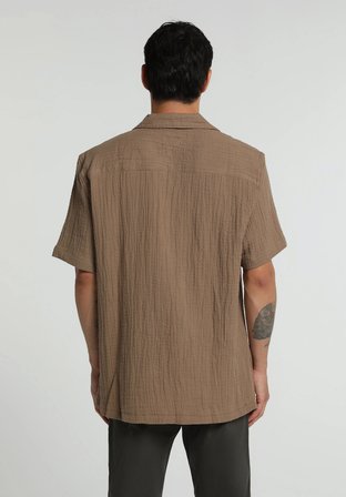 Relaxed Fit Apaj Yaka Düz Erkek Kahverengi Kısa Kol Gömlek