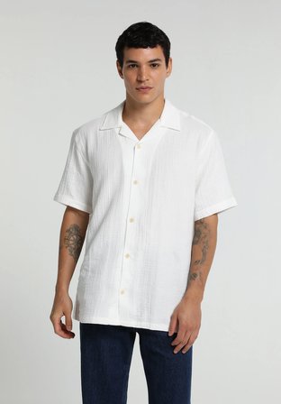 Relaxed Fit Apaj Yaka Düz Erkek Beyaz Kısa Kol Gömlek