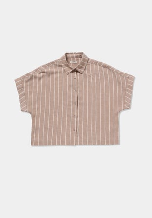 Fashion Fit Shirt Neck Çizgili Kadın Açik Kahverengi Kısa Kol Gömlek