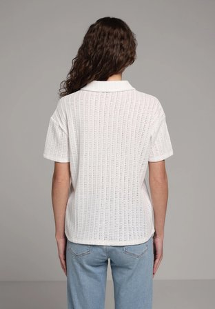 Regular Fit Polo Yaka Jakarlı Kadın Ekru Kısa Kol Tişört