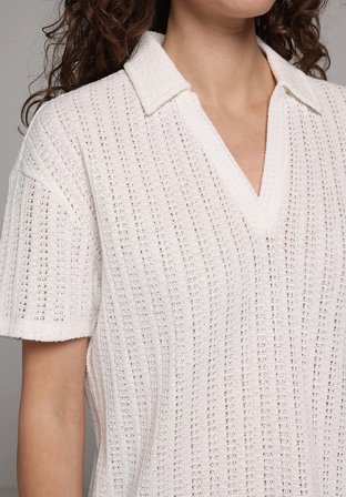 Regular Fit Polo Yaka Jakarlı Kadın Ekru Kısa Kol Tişört