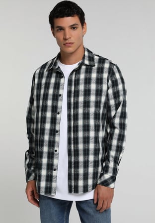 Regular Fit Shirt Neck Ekoseli Erkek Yeşil Uzun Kol Gömlek