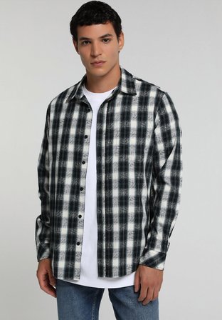 Regular Fit Shirt Neck Ekoseli Erkek Yeşil Uzun Kol Gömlek