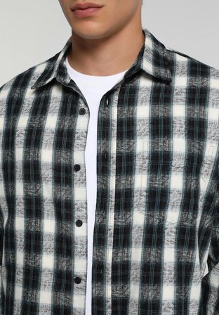 Regular Fit Shirt Neck Ekoseli Erkek Yeşil Uzun Kol Gömlek