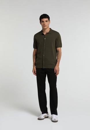 Regular Fit Polo Yaka Jakarlı Erkek Yeşil Kısa Kol Kazak