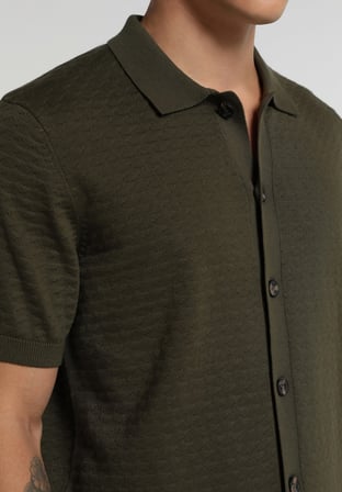 Regular Fit Polo Yaka Jakarlı Erkek Yeşil Kısa Kol Kazak