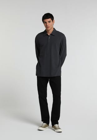 Relaxed Fit Polo Yaka Düz Erkek Antrasit Uzun Kol Tişört