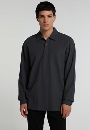 Relaxed Fit Polo Yaka Düz Erkek Antrasit Uzun Kol Tişört