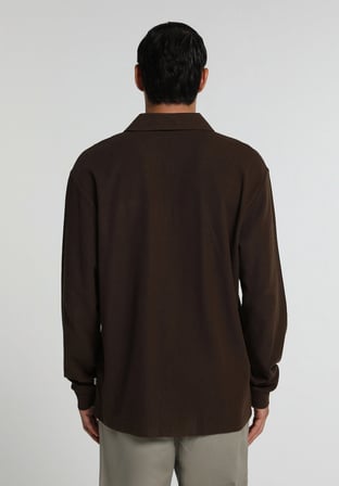 Relaxed Fit Polo Yaka Düz Erkek Kahverengi Uzun Kol Tişört