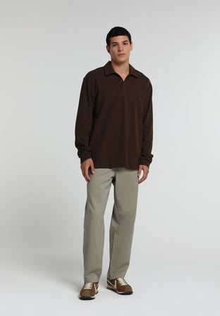Relaxed Fit Polo Yaka Düz Erkek Kahverengi Uzun Kol Tişört