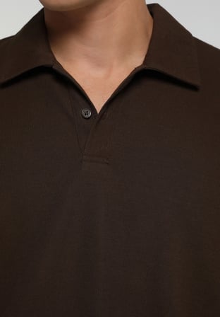 Relaxed Fit Polo Yaka Düz Erkek Kahverengi Uzun Kol Tişört