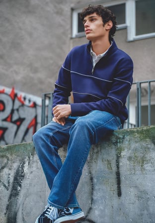 Relaxed Fit Dik Yaka Düz Erkek Lacivert Sweatshirt