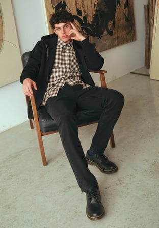 Regular Fit Shirt Neck Kareli Erkek Kahverengi Uzun Kol Gömlek