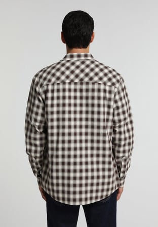 Regular Fit Shirt Neck Kareli Erkek Kahverengi Uzun Kol Gömlek