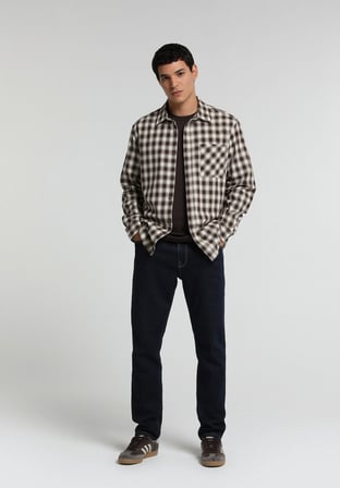 Regular Fit Shirt Neck Kareli Erkek Kahverengi Uzun Kol Gömlek