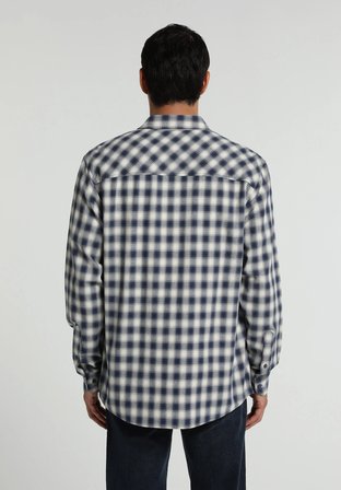 Regular Fit Shirt Neck Kareli Erkek Lacivert Uzun Kol Gömlek