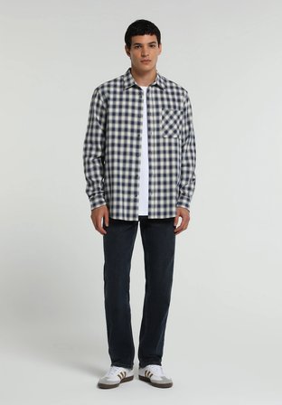 Regular Fit Shirt Neck Kareli Erkek Lacivert Uzun Kol Gömlek