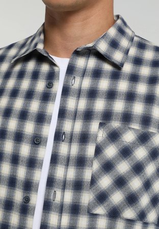 Regular Fit Shirt Neck Kareli Erkek Lacivert Uzun Kol Gömlek