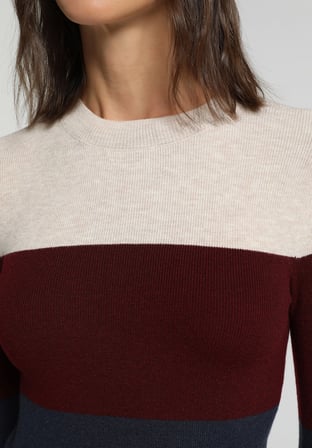 Slim Fit Yuvarlak Yaka Çizgili Kadın Çok Renkli Kazak