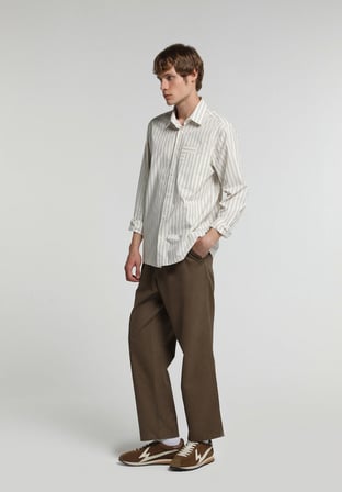 Relaxed Fit Shirt Neck Çizgili Erkek Ekru Uzun Kol Gömlek
