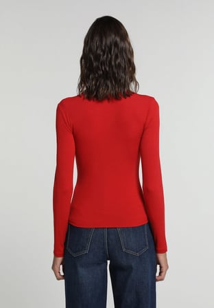 Slim Fit Yuvarlak Yaka Düz Kadın Kirmizi Uzun Kol Tişört