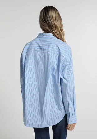 Oversize Shirt Neck Çizgili Kadın Mavi Uzun Kol Gömlek